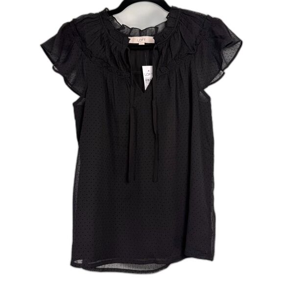 LOFT Tops - LOFT Blouse XS NWT Black Swiss Dot Sheer Ruffle Tie Neck Womens Top